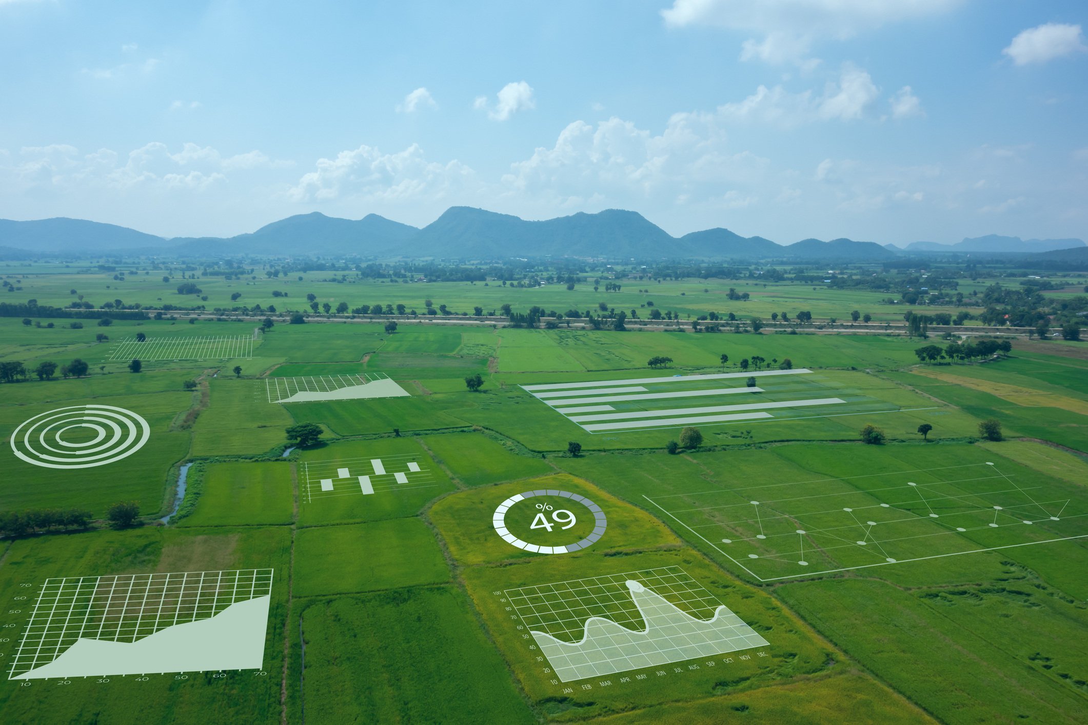 Vista aérea de plantação com gráficos digitais sobrepostos, representando a ingestão de dados no agronegócio