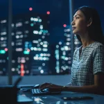 Profissional trabalhando no computador à noite em escritório com vista para a cidade