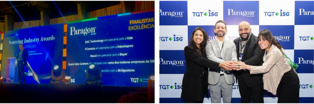 Telão dos finalistas do Paragon Awards e equipe da Maxxi comemorando no evento da TGT e ISG